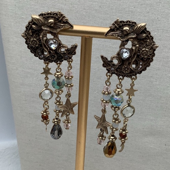 Boho Celestial mixed  media pierced Earrings - Picture 1 of 3